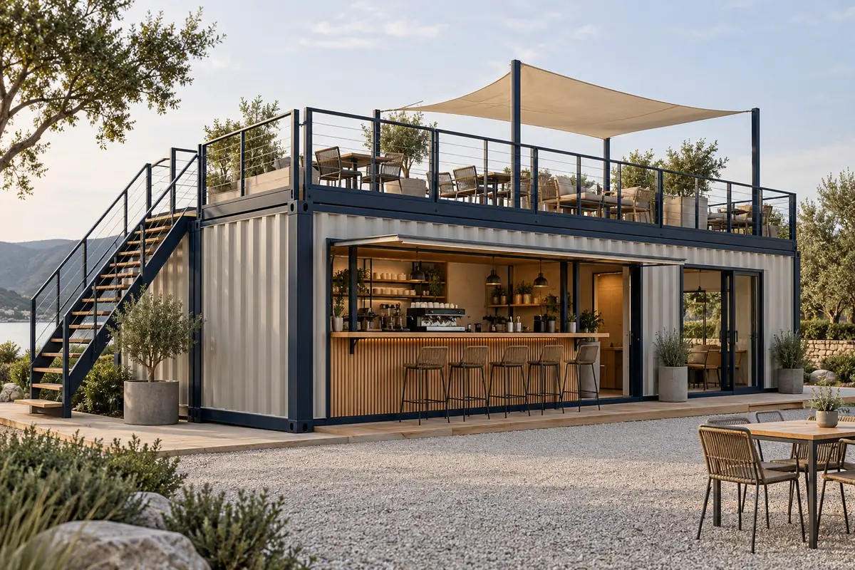 Concepto de bar modular CAIXAS con terraza
